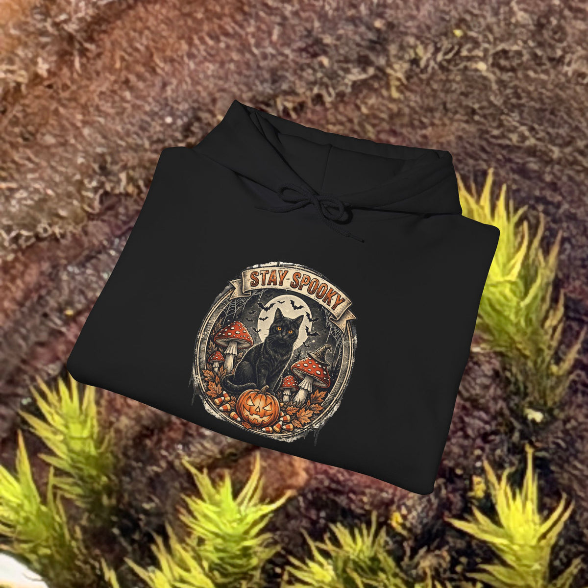 Stay Spooky - Black Cat Familiar Vintage Badge Halloween Hoodie