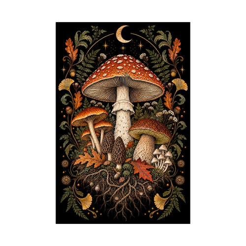 Gathered After Dark Mushroom Field Guide Poster - Black Background