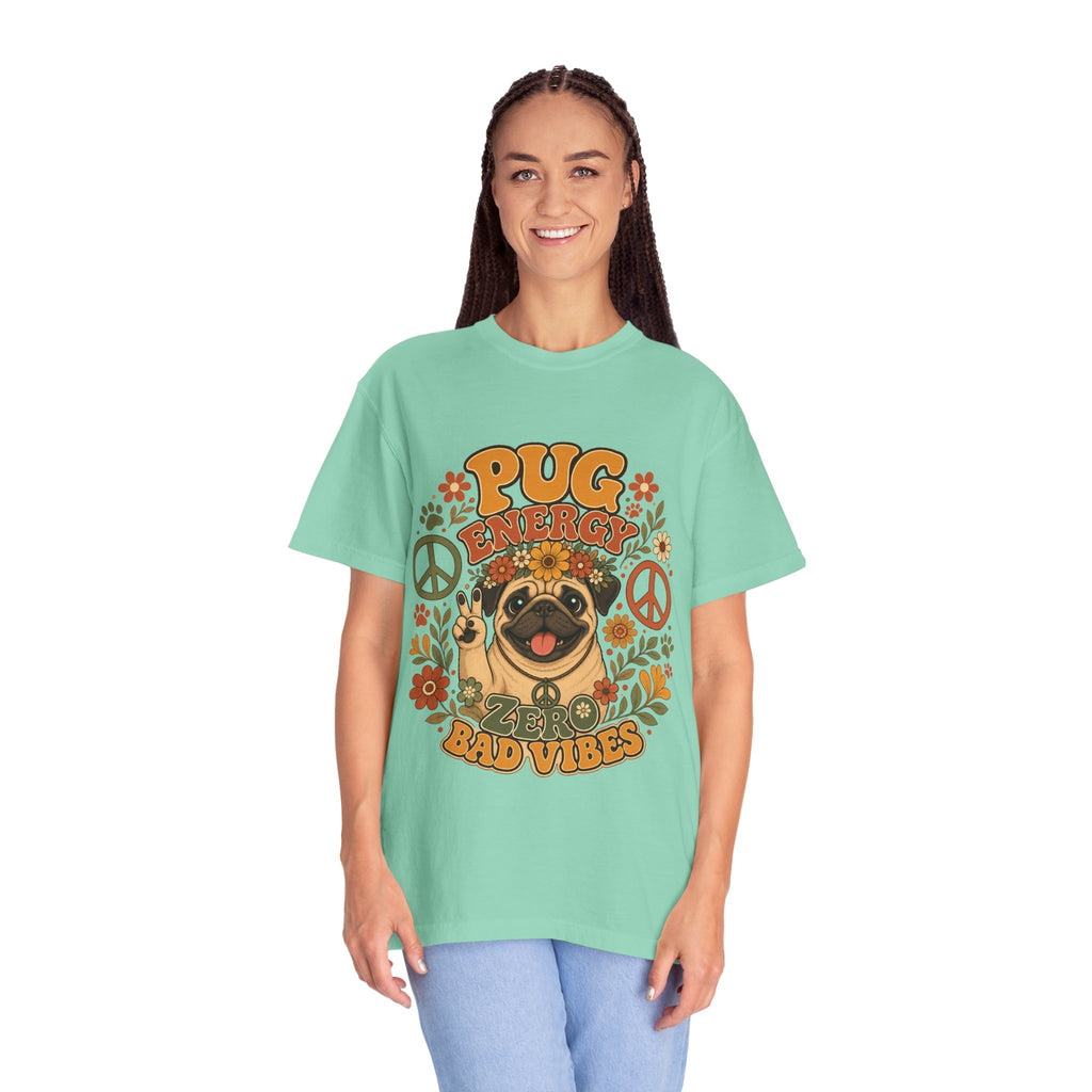 Pug Energy Retro Tee — Peace, Paws & Good Vibes