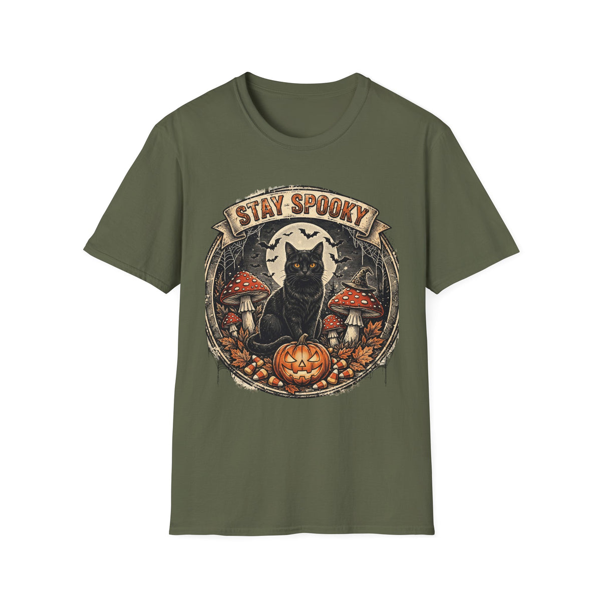 Stay Spooky - Black Cat Familiar Vintage Badge Halloween Tee