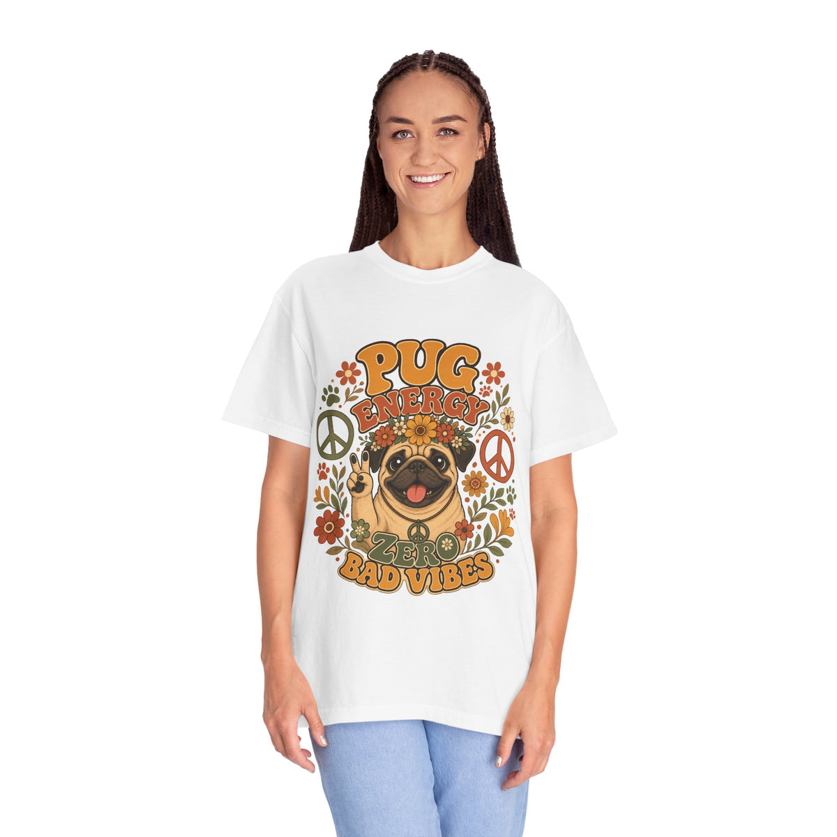 Pug Energy Retro Tee — Peace, Paws & Good Vibes