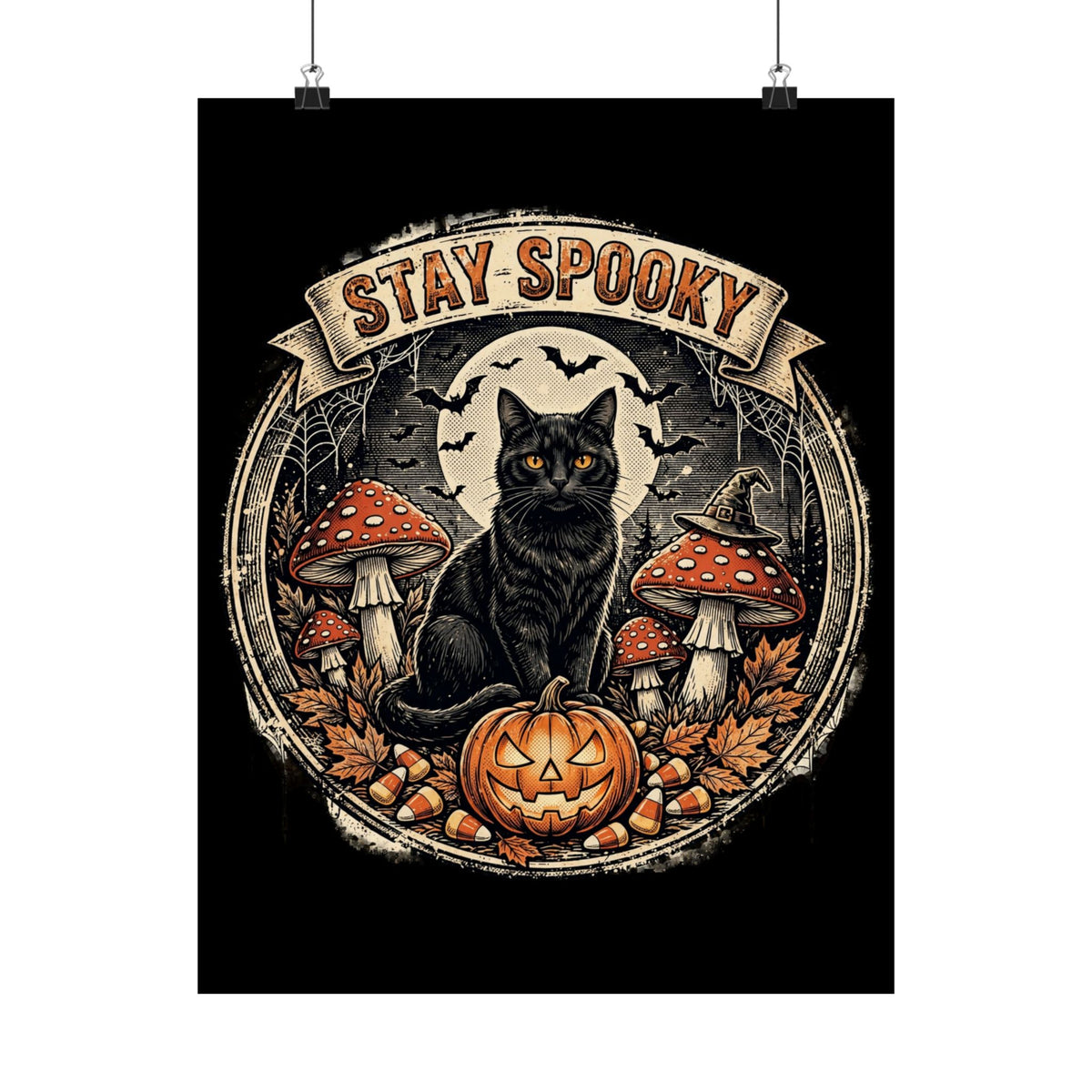 Stay Spooky - Black Cat Familiar Vintage Badge Halloween Poster