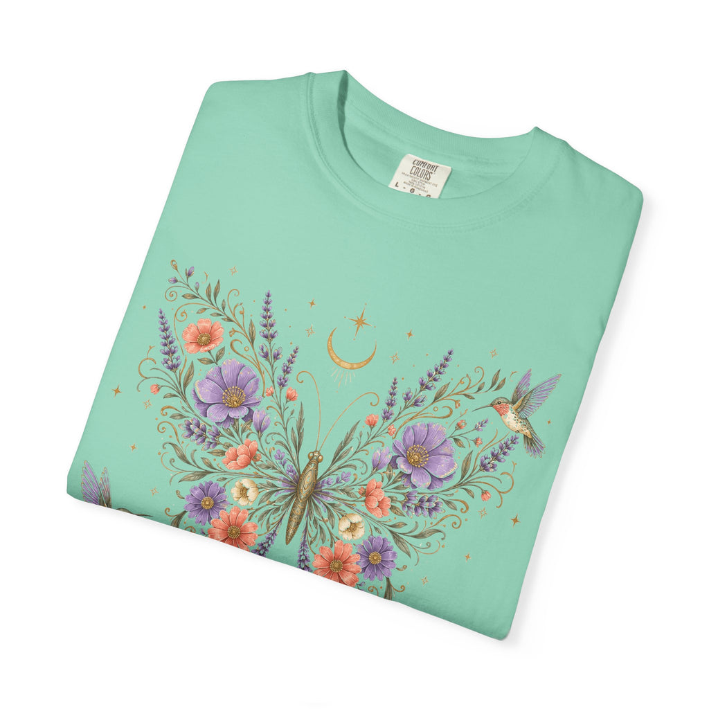 Nature Spirit T-Shirt — Floral Butterfly & Hummingbird Graphic