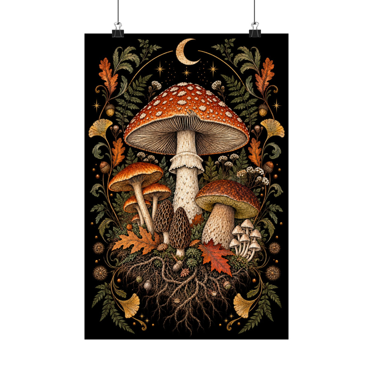 Gathered After Dark Mushroom Field Guide Poster - Black Background