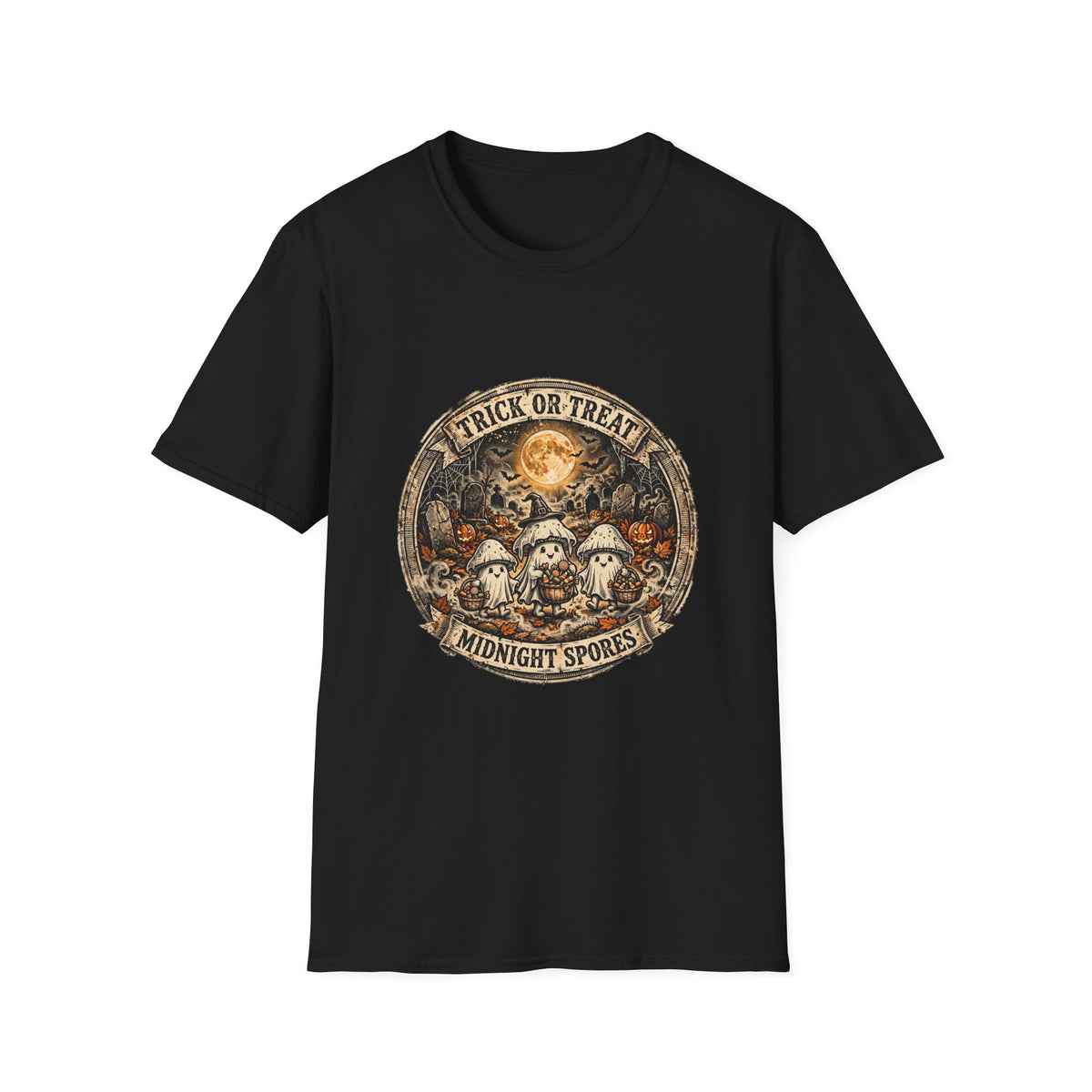 Graveyard Spores Trick or Treat Midnight Spores Vintage Badge Halloween Tee