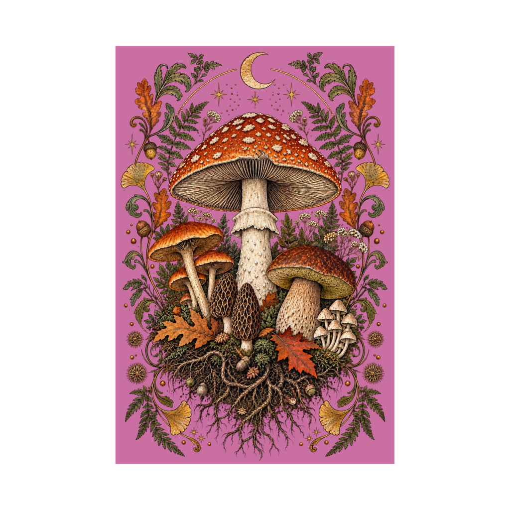 Gathered After Dark Mushroom Field Guide Poster - Light Pink Background