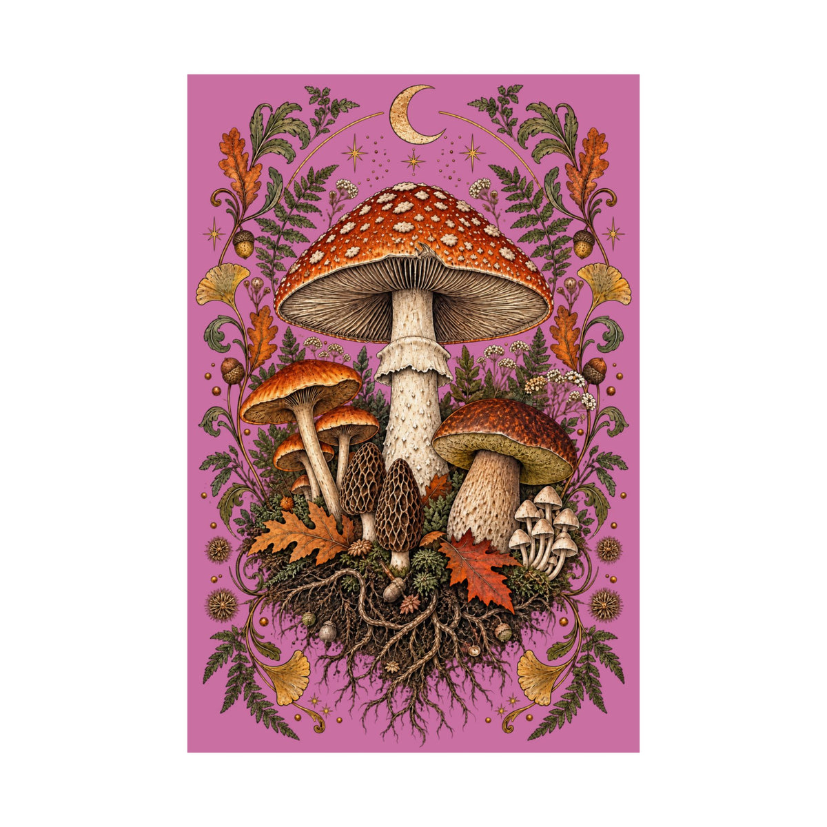 Gathered After Dark Mushroom Field Guide Poster - Light Pink Background