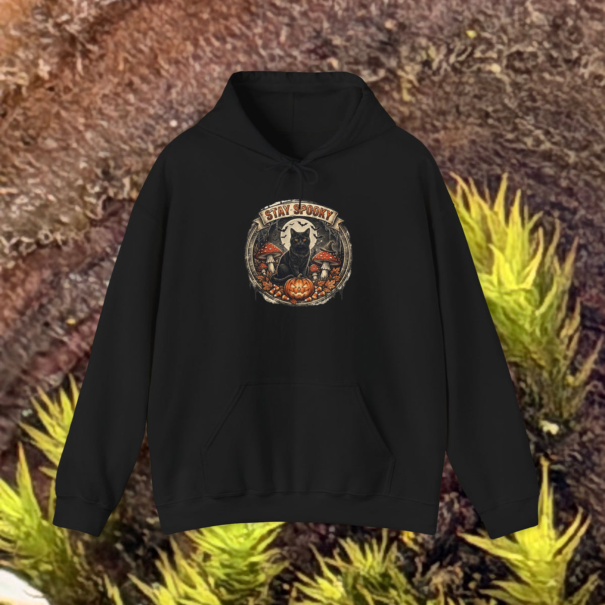Stay Spooky - Black Cat Familiar Vintage Badge Halloween Hoodie