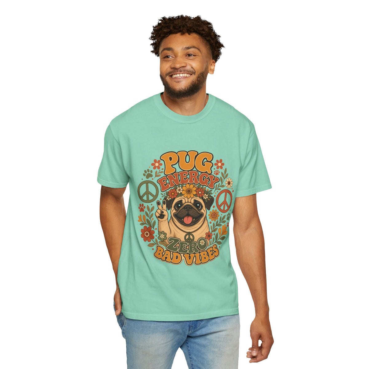 Pug Energy Retro Tee — Peace, Paws & Good Vibes