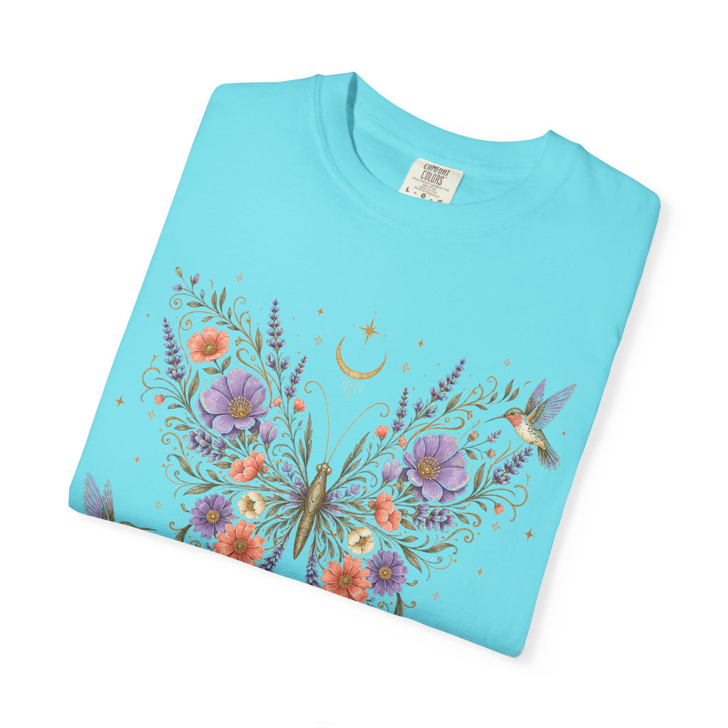 Nature Spirit T-Shirt — Floral Butterfly & Hummingbird Graphic