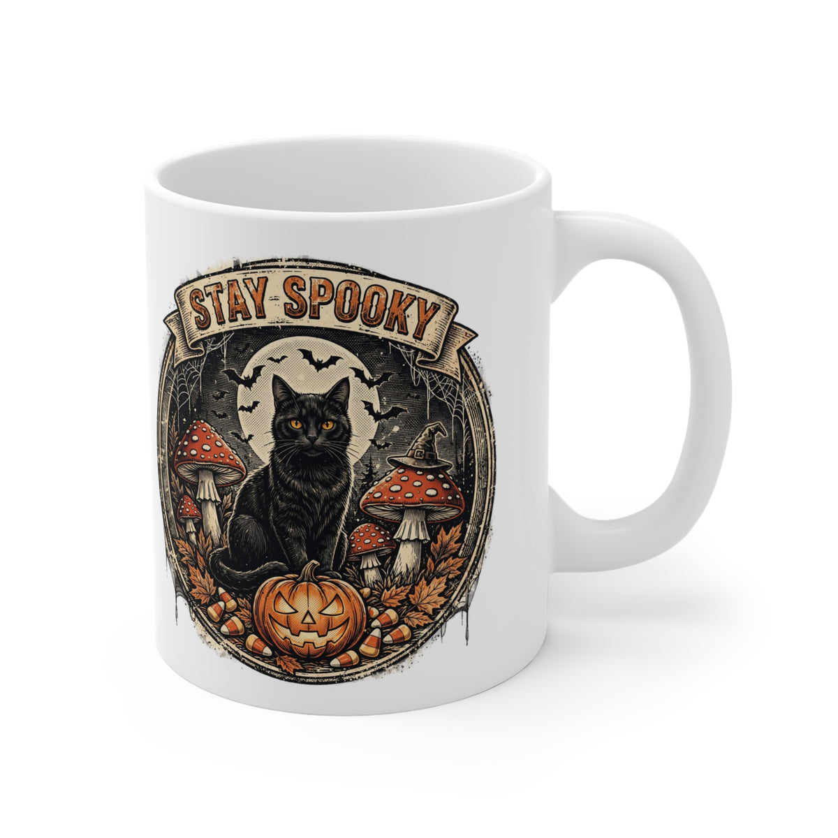 Stay Spooky - Black Cat Familiar Vintage Badge Halloween Mug