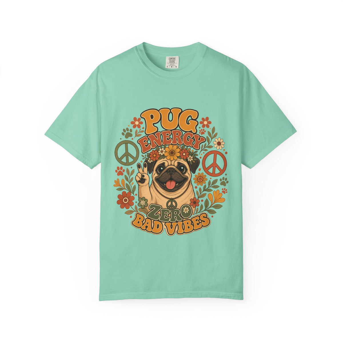 Pug Energy Retro Tee — Peace, Paws & Good Vibes