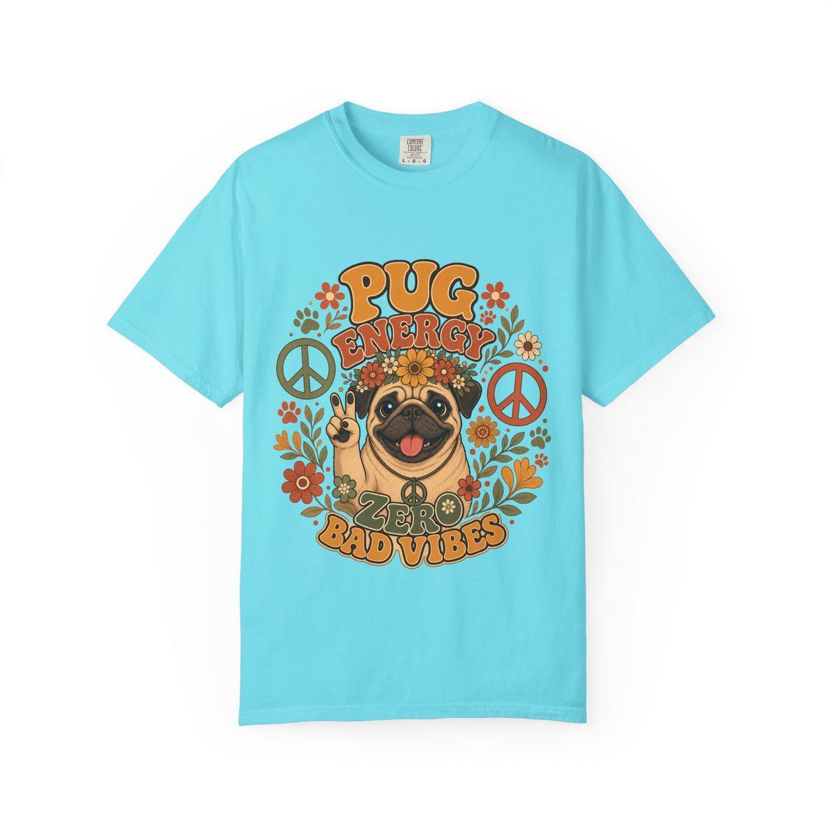 Pug Energy Retro Tee — Peace, Paws & Good Vibes