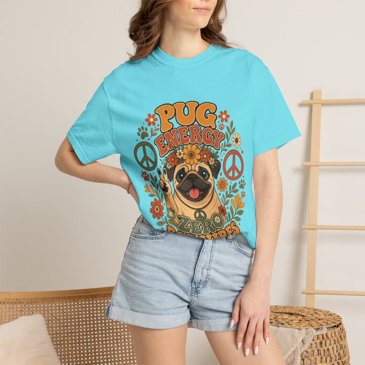 Pug Energy Retro Tee — Peace, Paws & Good Vibes