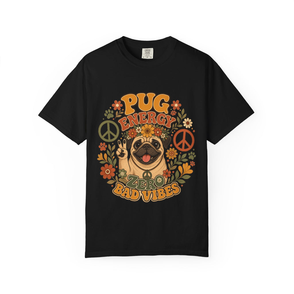 Pug Energy Retro Tee — Peace, Paws & Good Vibes
