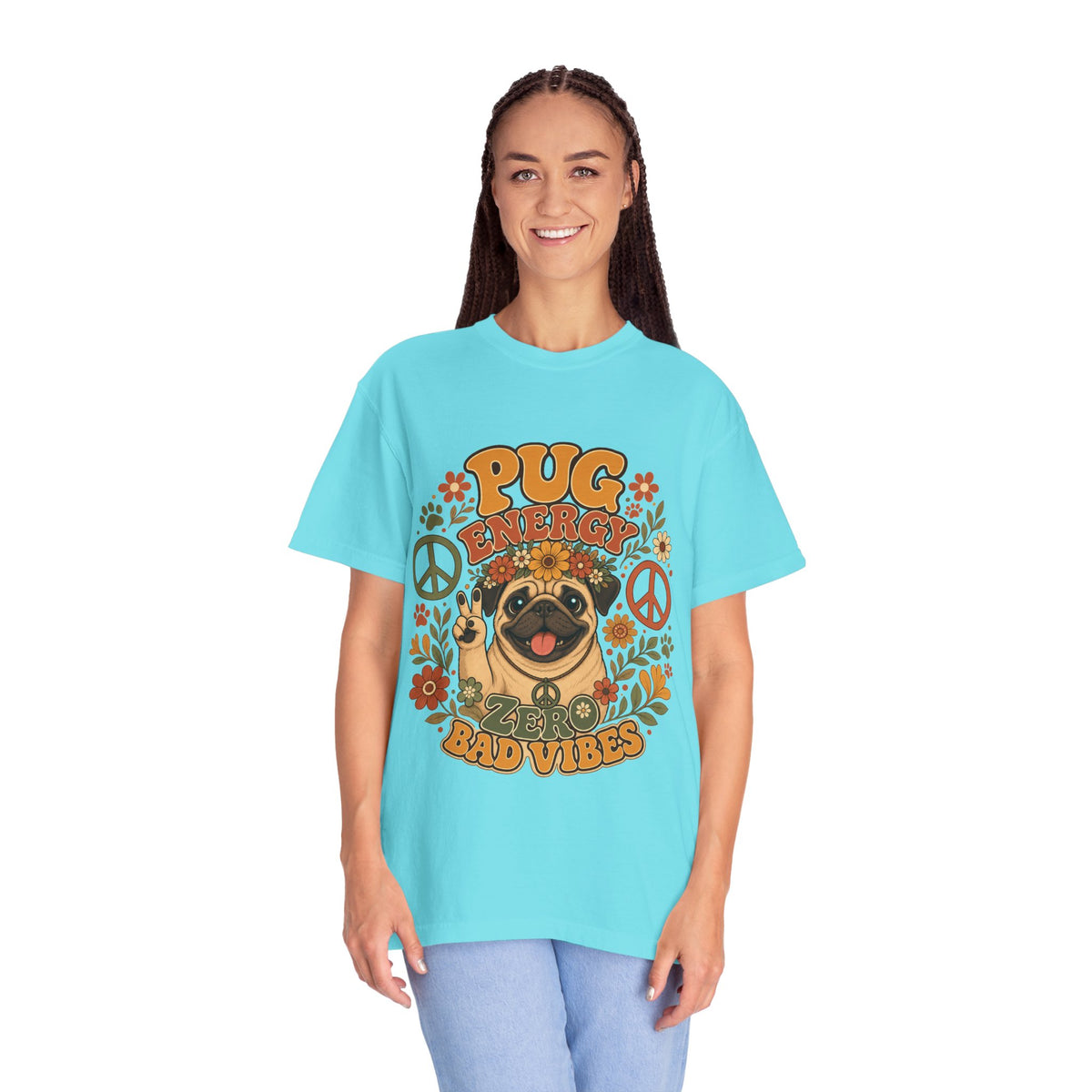 Pug Energy Retro Tee — Peace, Paws & Good Vibes