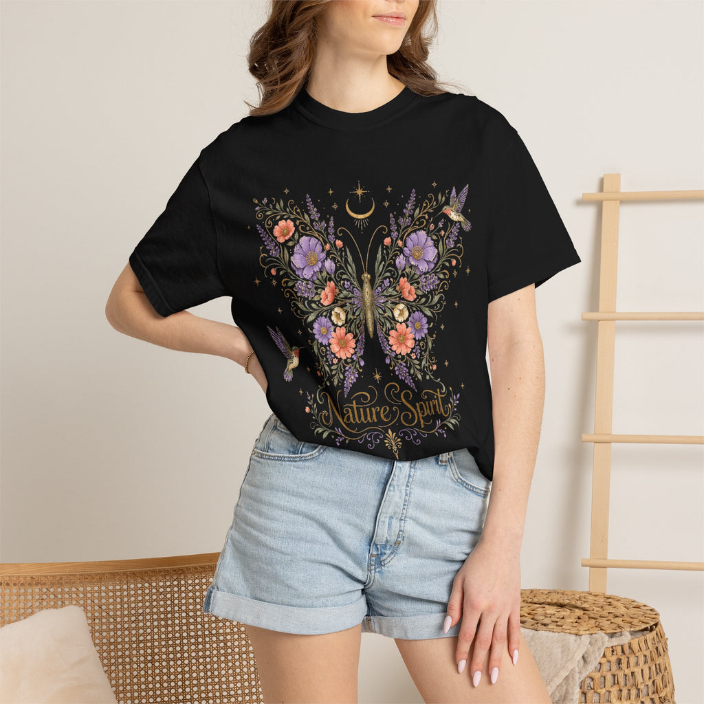 Nature Spirit T-Shirt — Floral Butterfly & Hummingbird Graphic