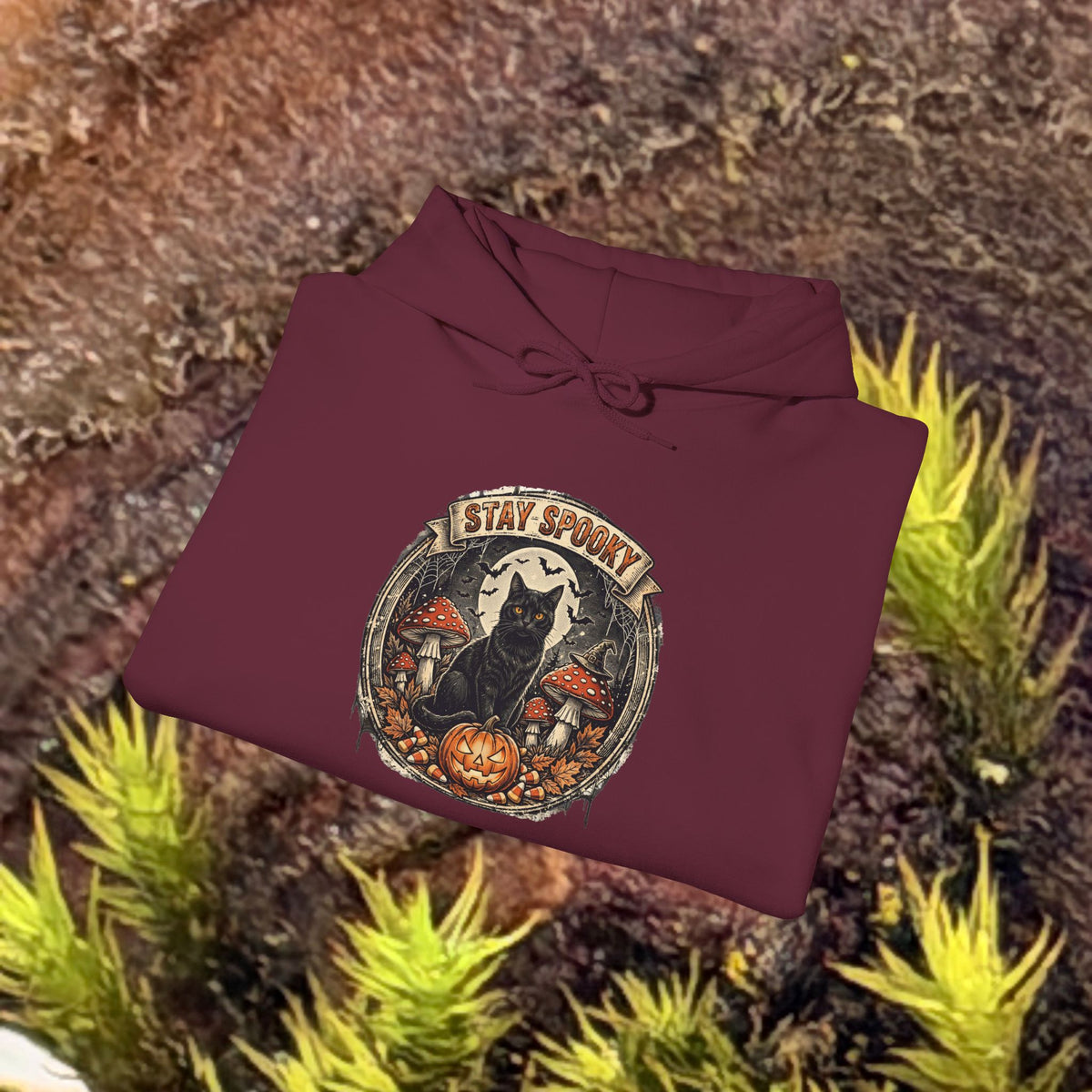 Stay Spooky - Black Cat Familiar Vintage Badge Halloween Hoodie