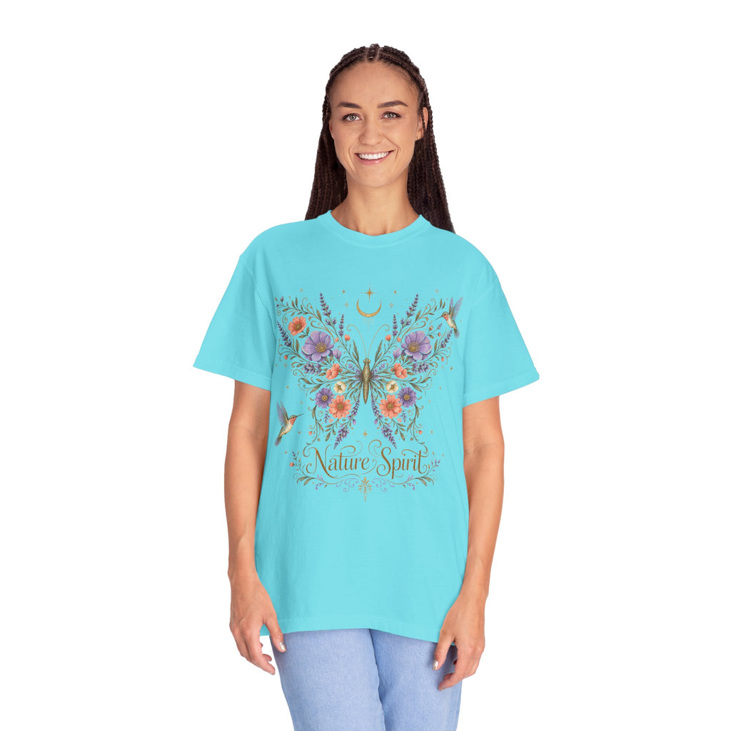 Nature Spirit T-Shirt — Floral Butterfly & Hummingbird Graphic