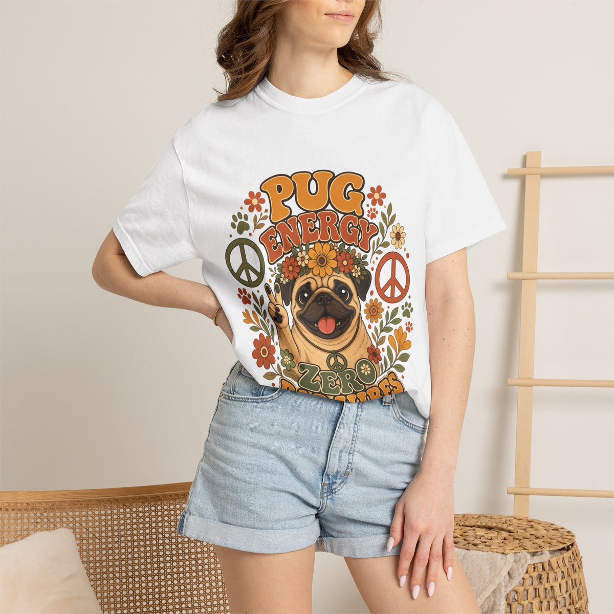 Pug Energy Retro Tee — Peace, Paws & Good Vibes