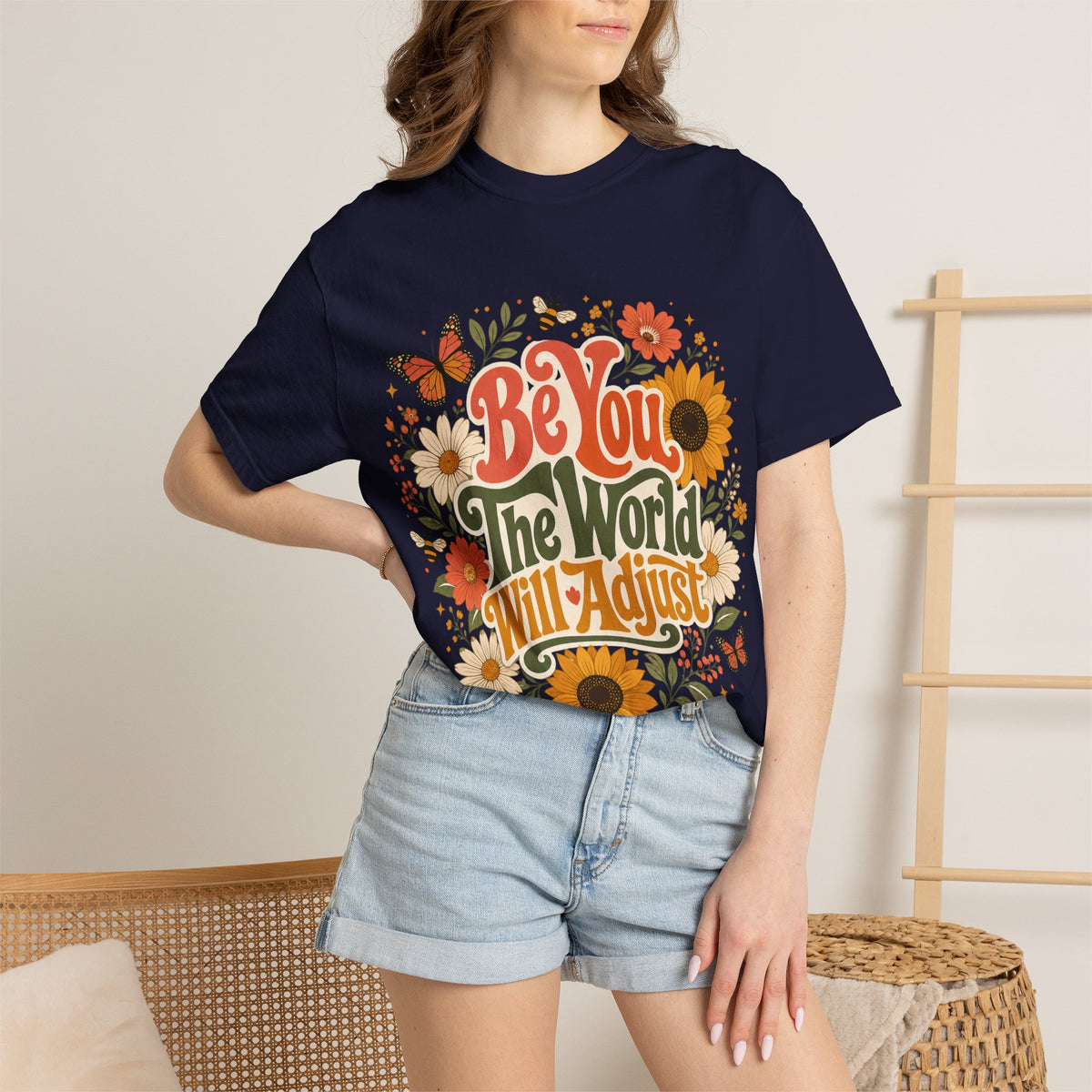 Be You Floral T-Shirt — 'Be You The World Will Adjust' Retro Sunflower Tee