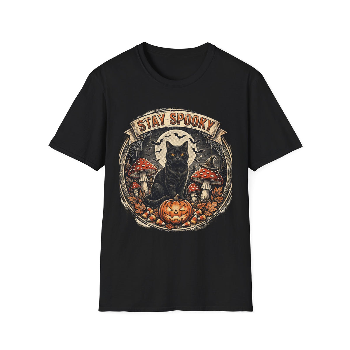 Stay Spooky - Black Cat Familiar Vintage Badge Halloween Tee