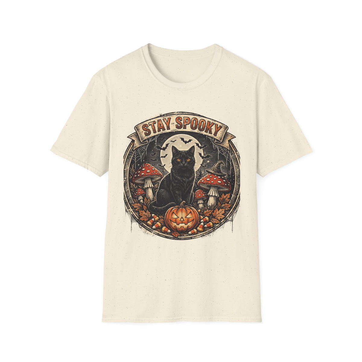 Stay Spooky - Black Cat Familiar Vintage Badge Halloween Tee