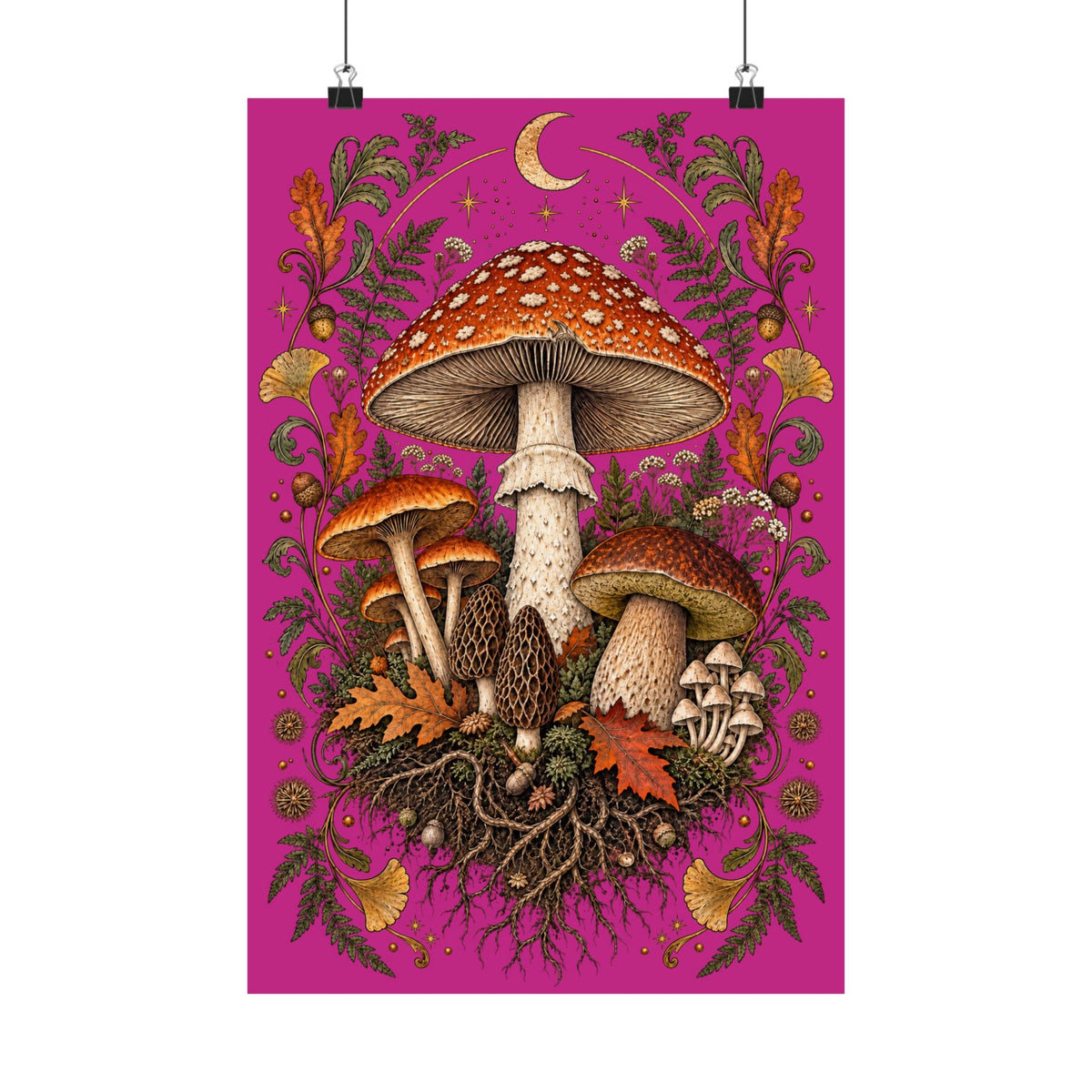 Gathered After Dark Mushroom Field Guide Poster - Pink Background