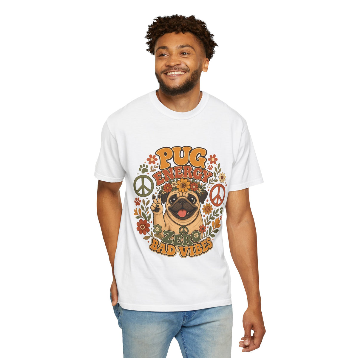 Pug Energy Retro Tee — Peace, Paws & Good Vibes