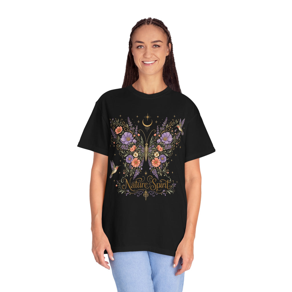 Nature Spirit T-Shirt — Floral Butterfly & Hummingbird Graphic