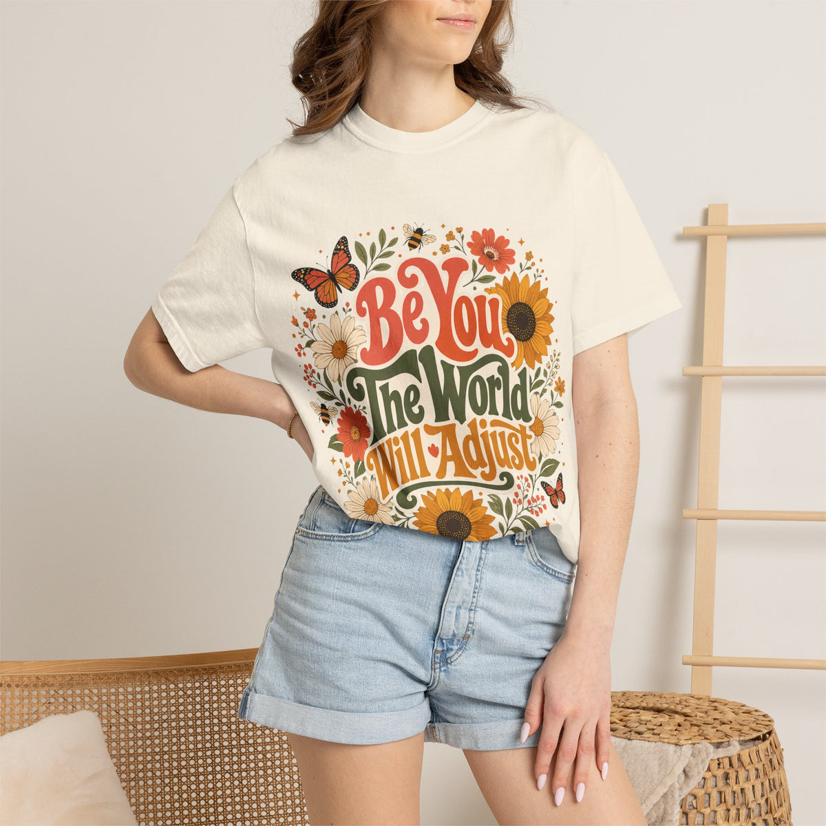 Be You Floral T-Shirt — 'Be You The World Will Adjust' Retro Sunflower Tee