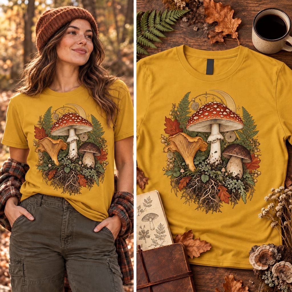 Mushroom Moon T‑Shirt — Vintage Foraged Fungi Tee