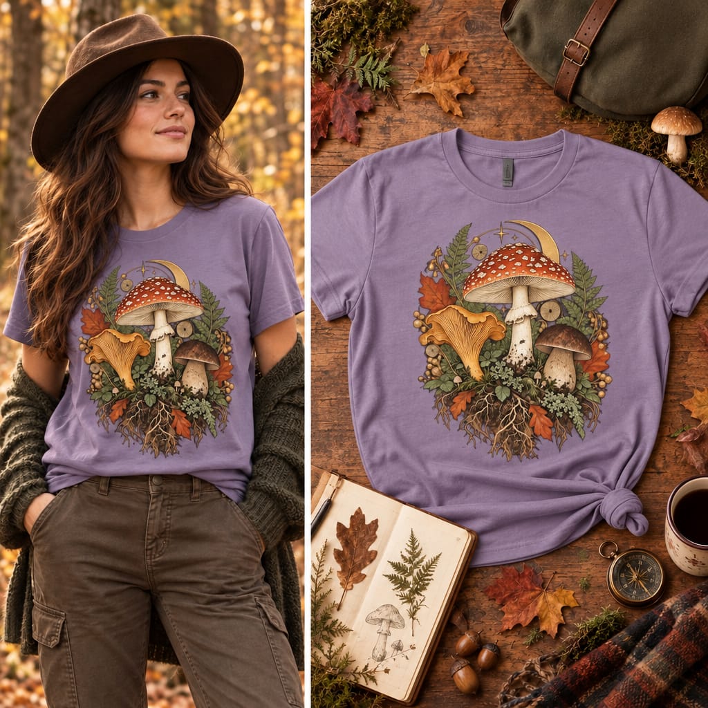 Mushroom Moon T‑Shirt — Vintage Foraged Fungi Tee