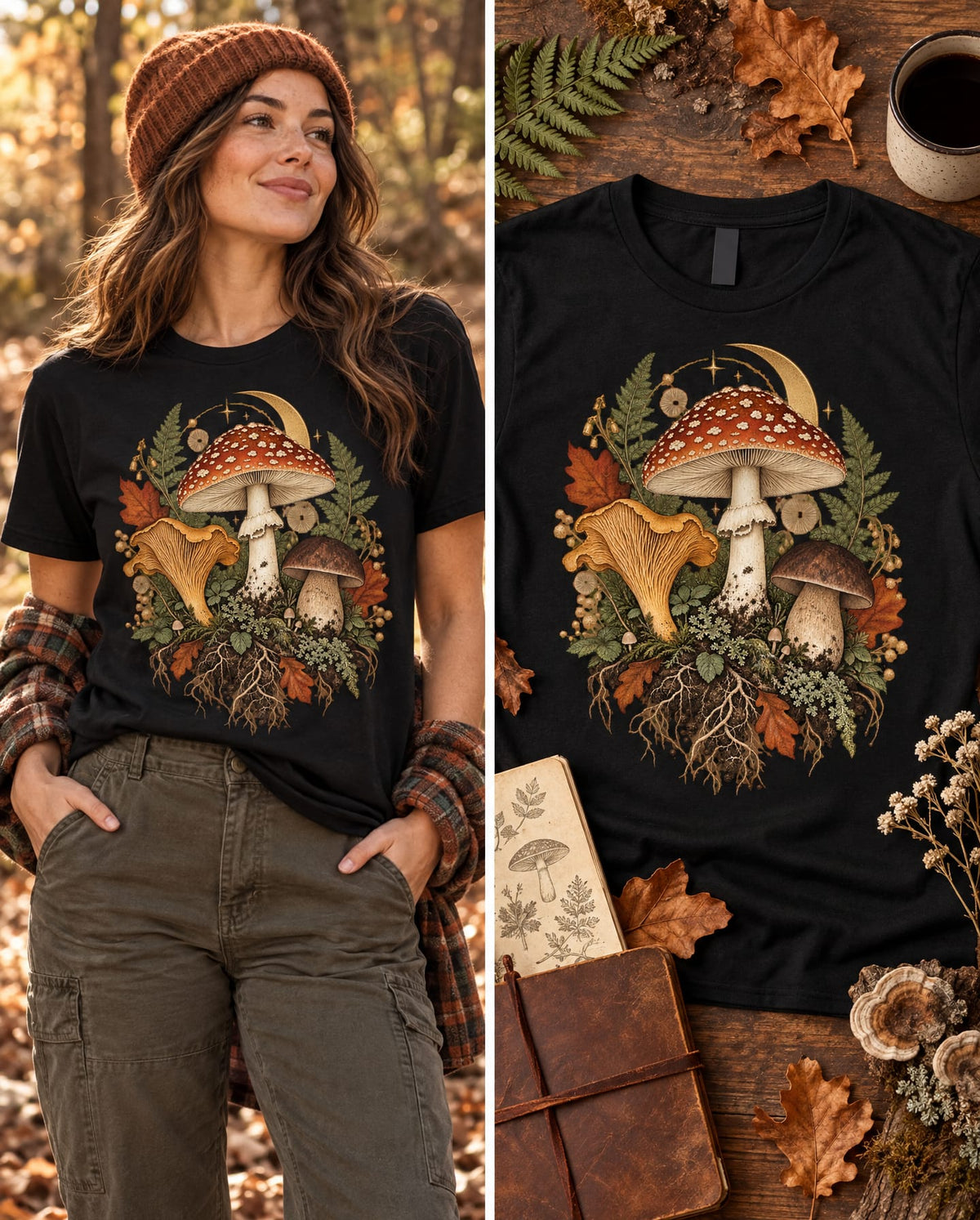 Mushroom Moon T‑Shirt — Vintage Foraged Fungi Tee
