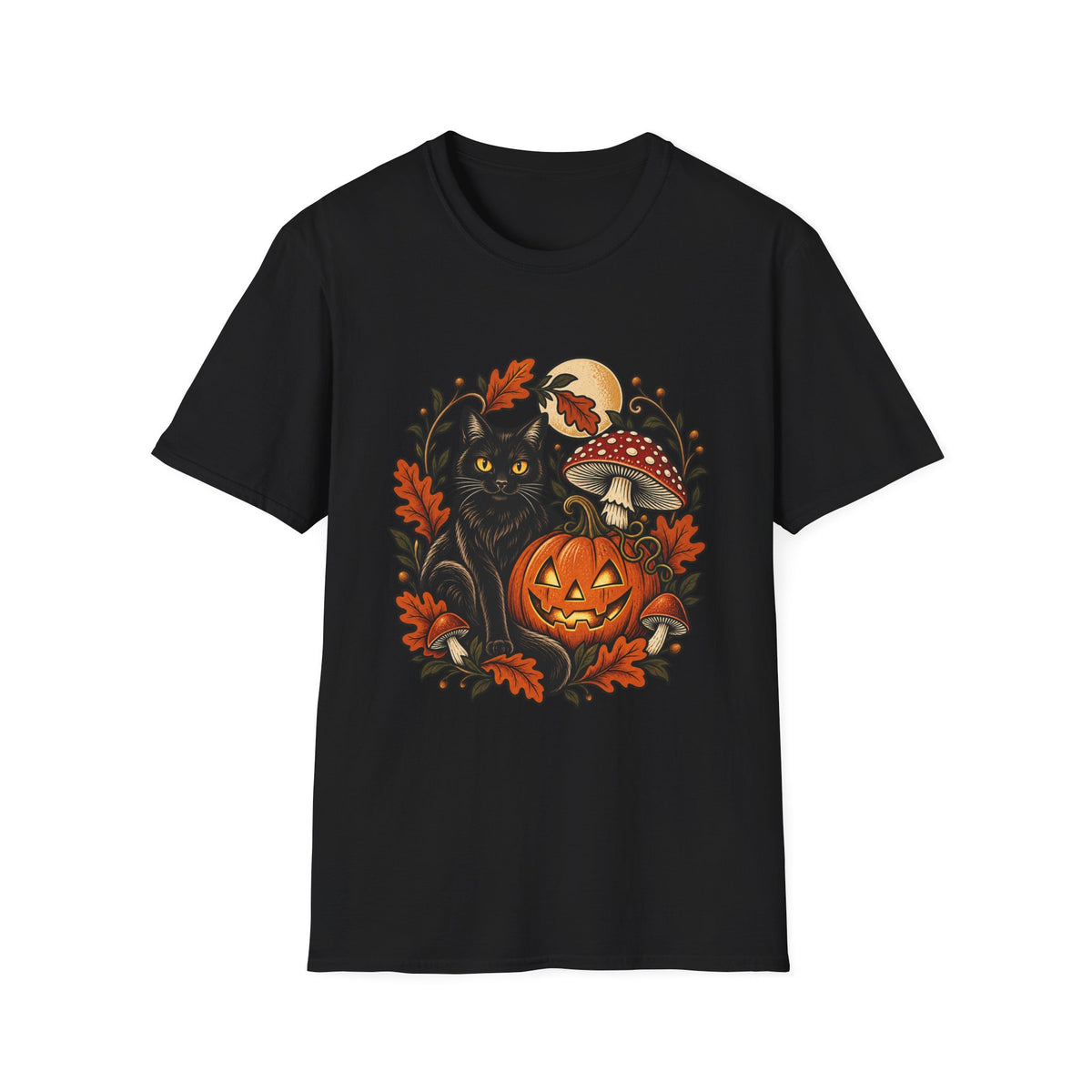 Festive Pumpkin Cat & Amanita Halloween Tee | FungusFan