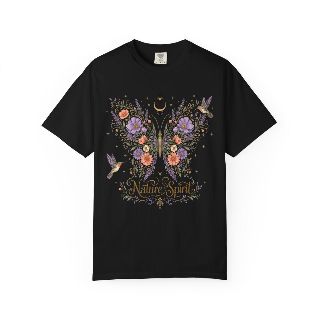 Nature Spirit T-Shirt — Floral Butterfly & Hummingbird Graphic