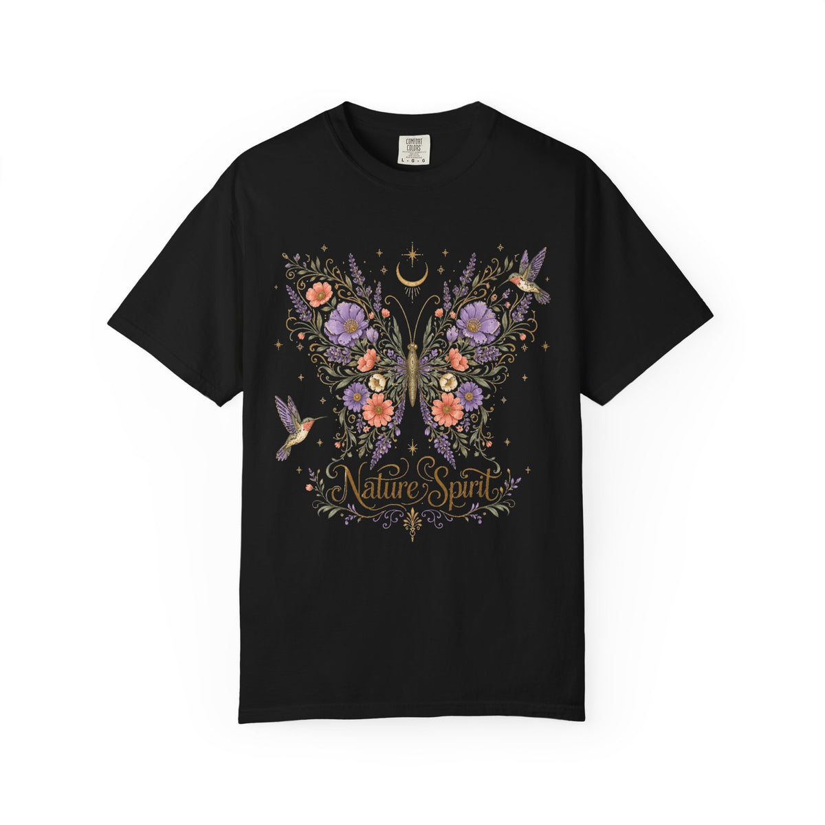 Nature Spirit T-Shirt — Floral Butterfly & Hummingbird Graphic