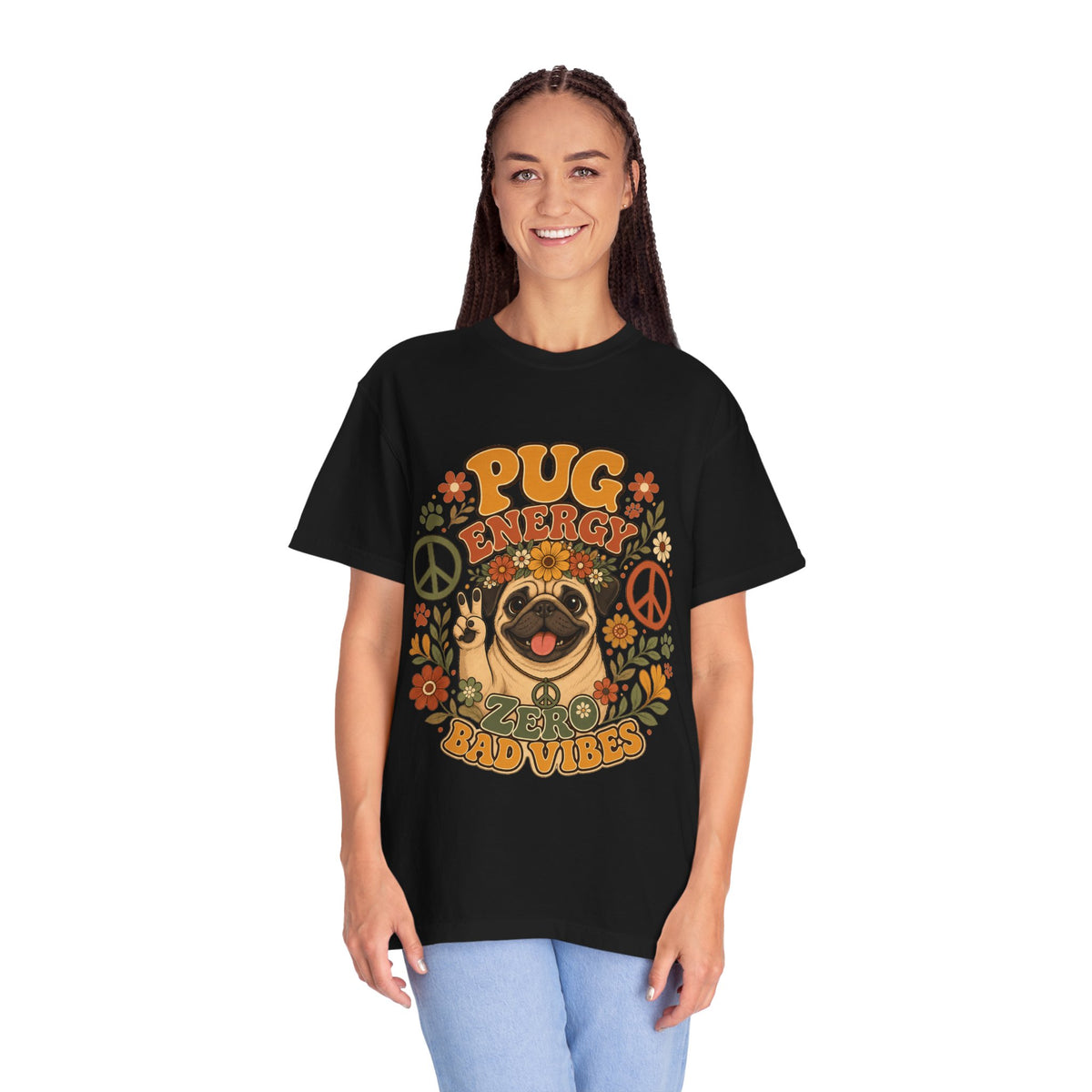 Pug Energy Retro Tee — Peace, Paws & Good Vibes