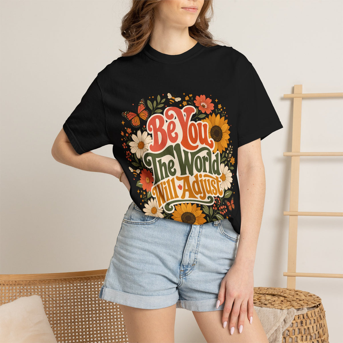Be You Floral T-Shirt — 'Be You The World Will Adjust' Retro Sunflower Tee