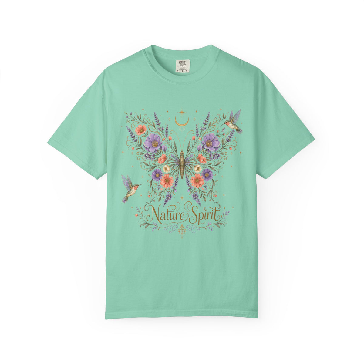Nature Spirit T-Shirt — Floral Butterfly & Hummingbird Graphic