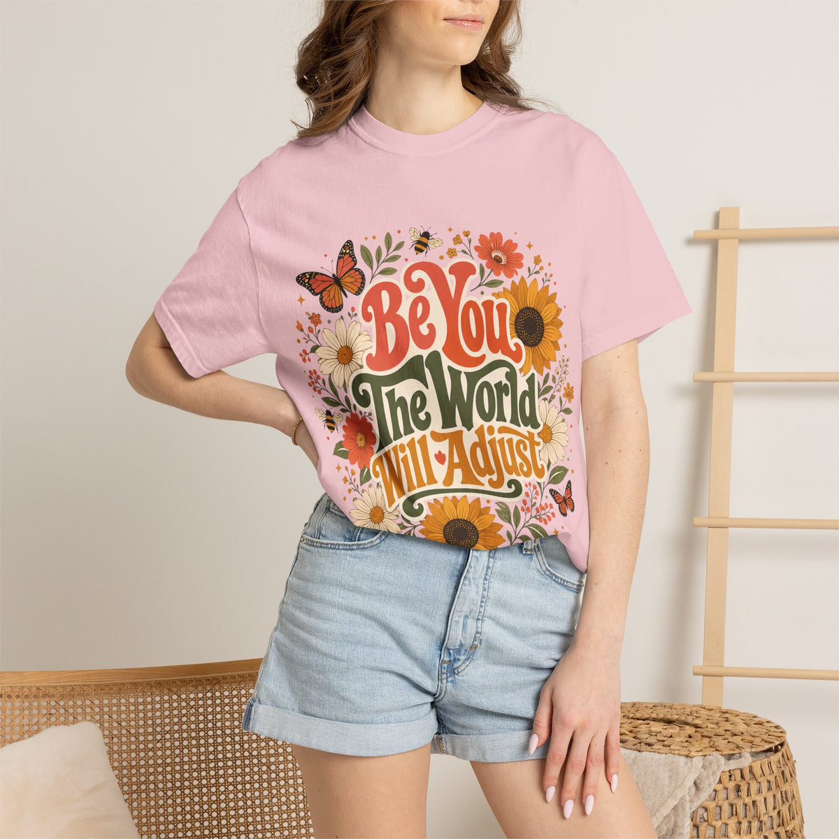 Be You Floral T-Shirt — 'Be You The World Will Adjust' Retro Sunflower Tee