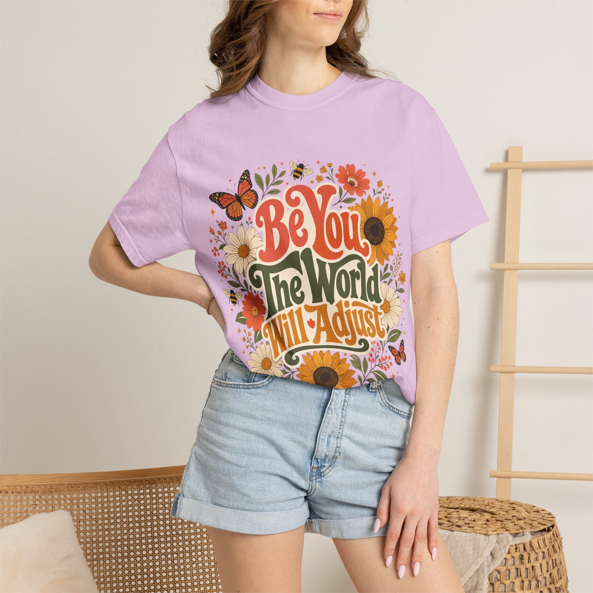 Be You Floral T-Shirt — 'Be You The World Will Adjust' Retro Sunflower Tee