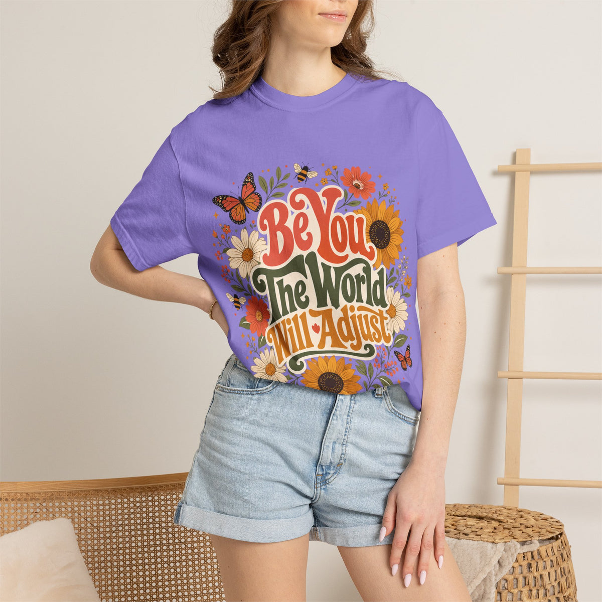 Be You Floral T-Shirt — 'Be You The World Will Adjust' Retro Sunflower Tee