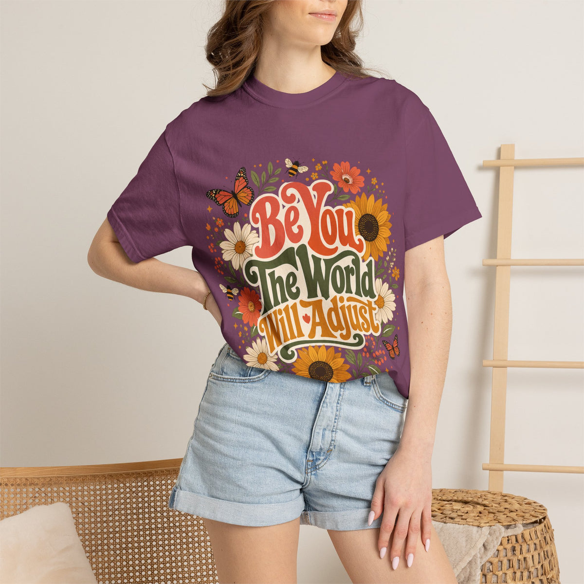 Be You Floral T-Shirt — 'Be You The World Will Adjust' Retro Sunflower Tee