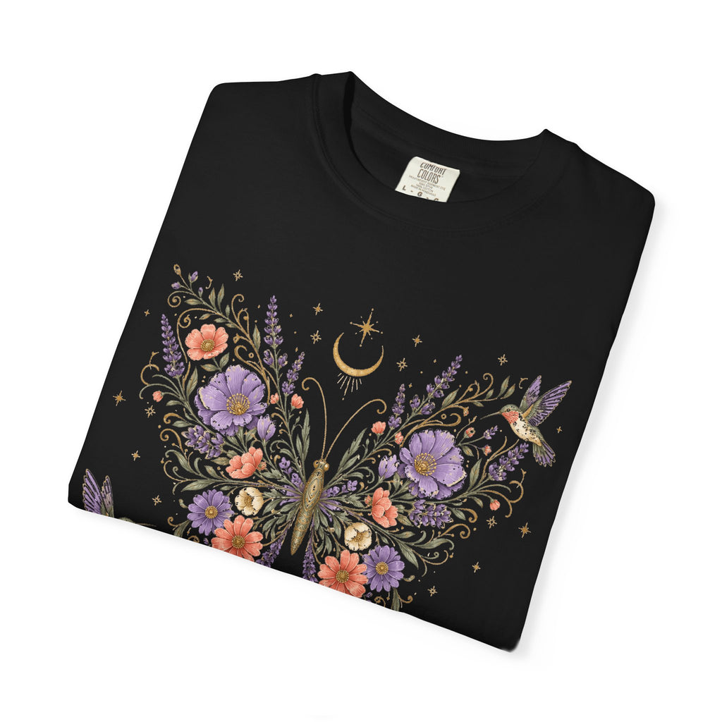 Nature Spirit T-Shirt — Floral Butterfly & Hummingbird Graphic