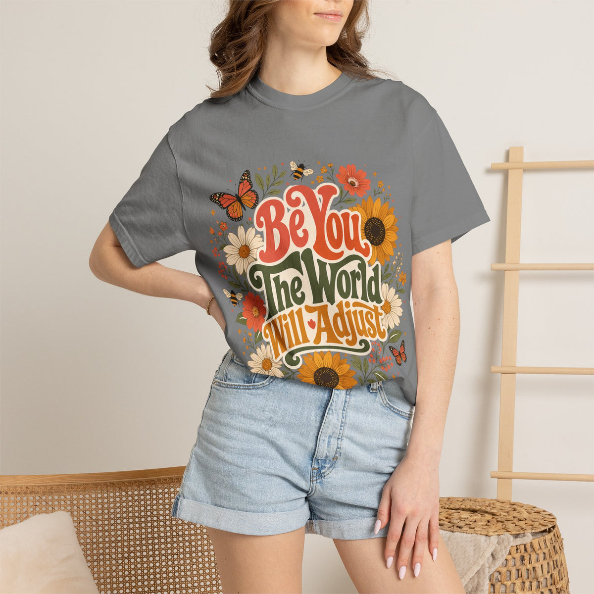 Be You Floral T-Shirt — 'Be You The World Will Adjust' Retro Sunflower Tee