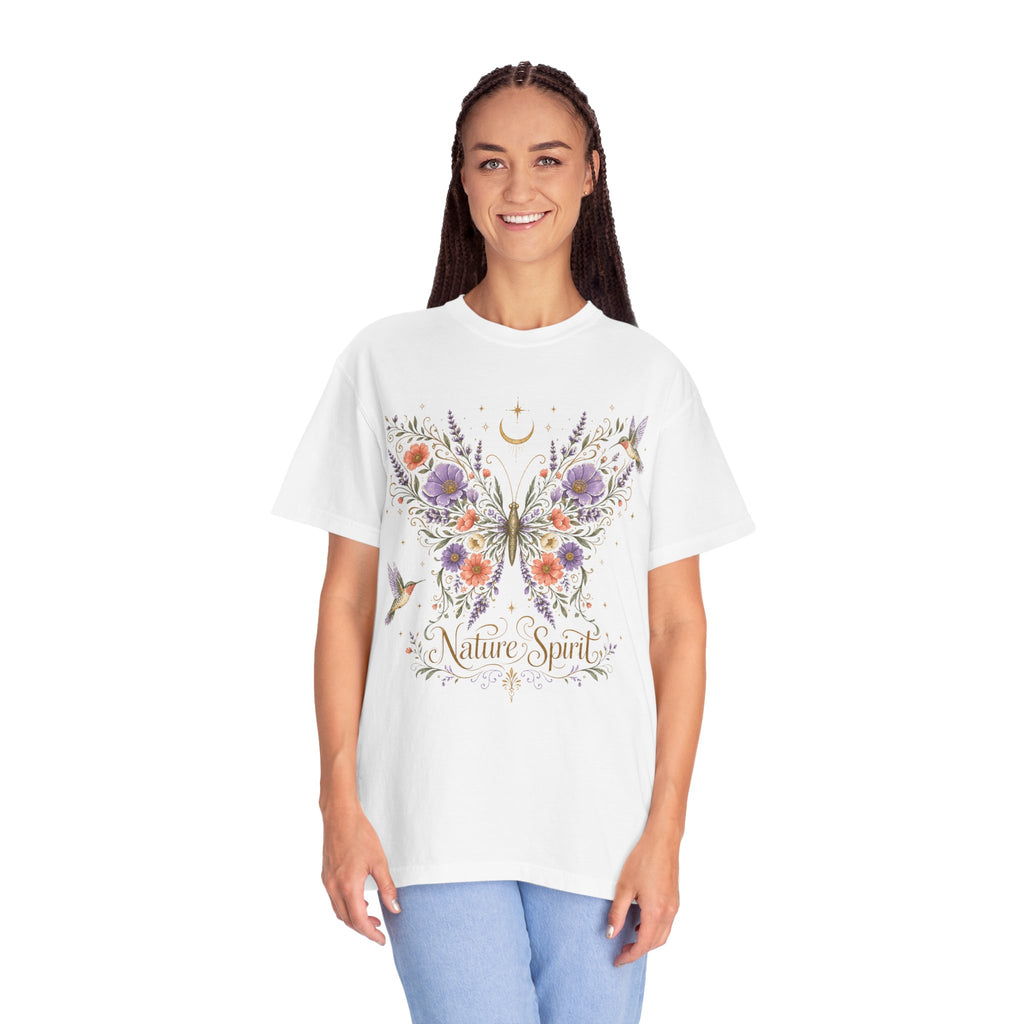 Nature Spirit T-Shirt — Floral Butterfly & Hummingbird Graphic