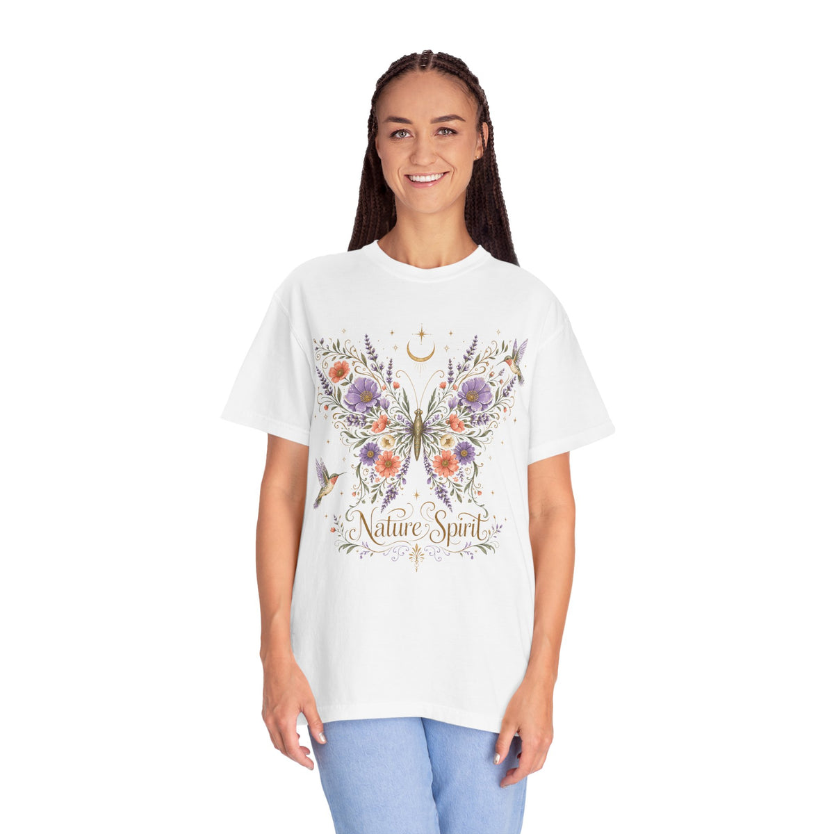 Nature Spirit T-Shirt — Floral Butterfly & Hummingbird Graphic