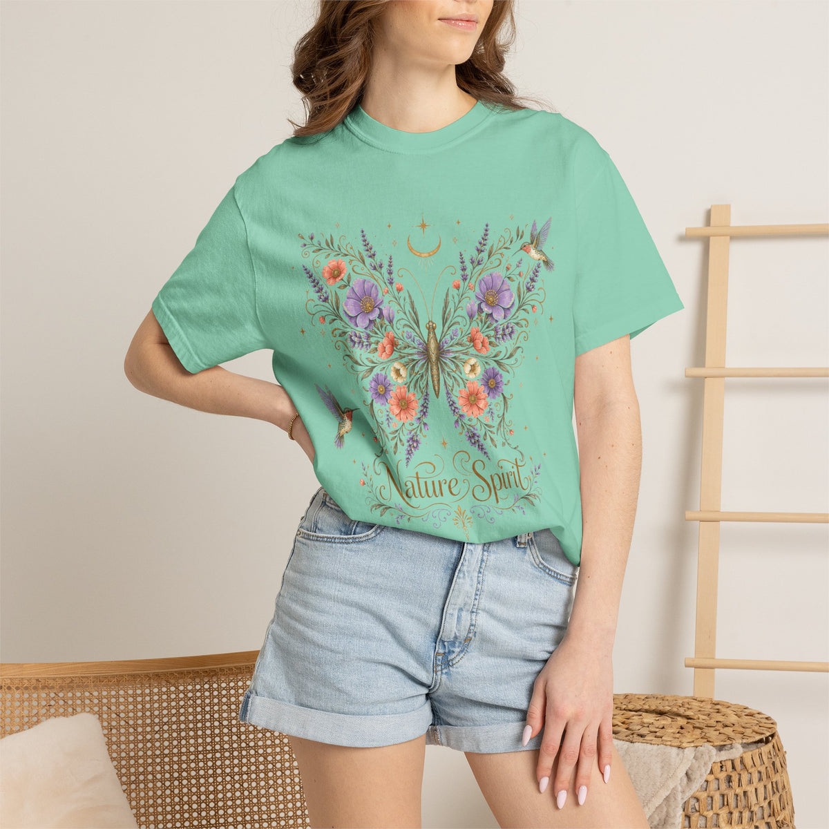 Nature Spirit T-Shirt — Floral Butterfly & Hummingbird Graphic