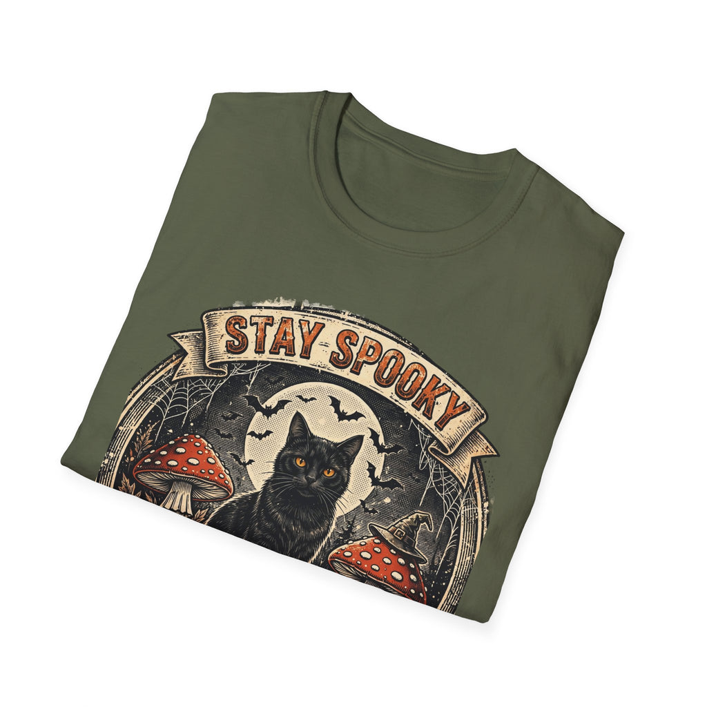 Stay Spooky - Black Cat Familiar Vintage Badge Halloween Tee